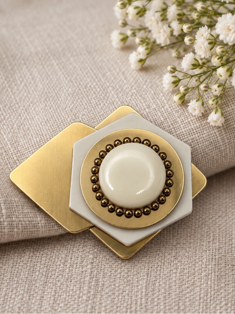 Vintage 80s Art Deco Geometric Brooch
Gold & Cream Enamel Statement Pin
